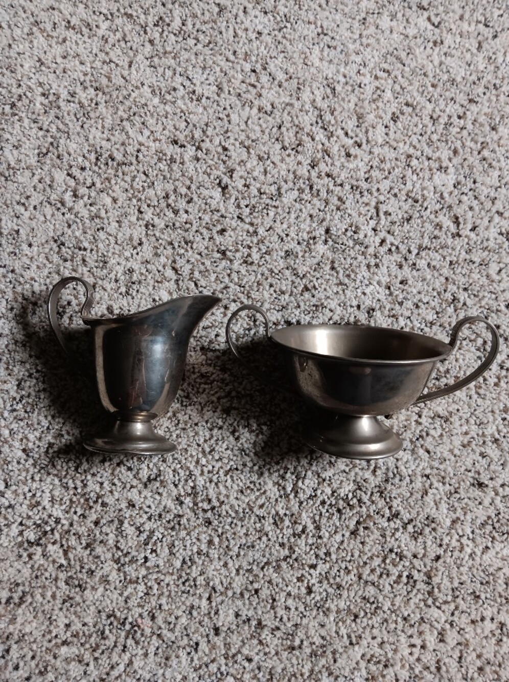 VTG Pewter Colored Silver Metal Pitcher And Cup Sugar Bowl And Creamer